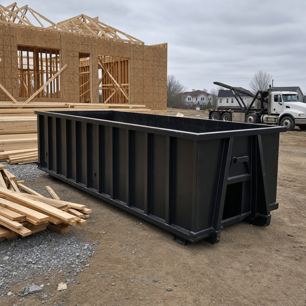 Matte-black 40-yard roll-off dumpster staged on a framed-out residential construction site in Cary, framing lumber stacked nearby, hooklift delivery truck visible in the background under bright Colorado daylight