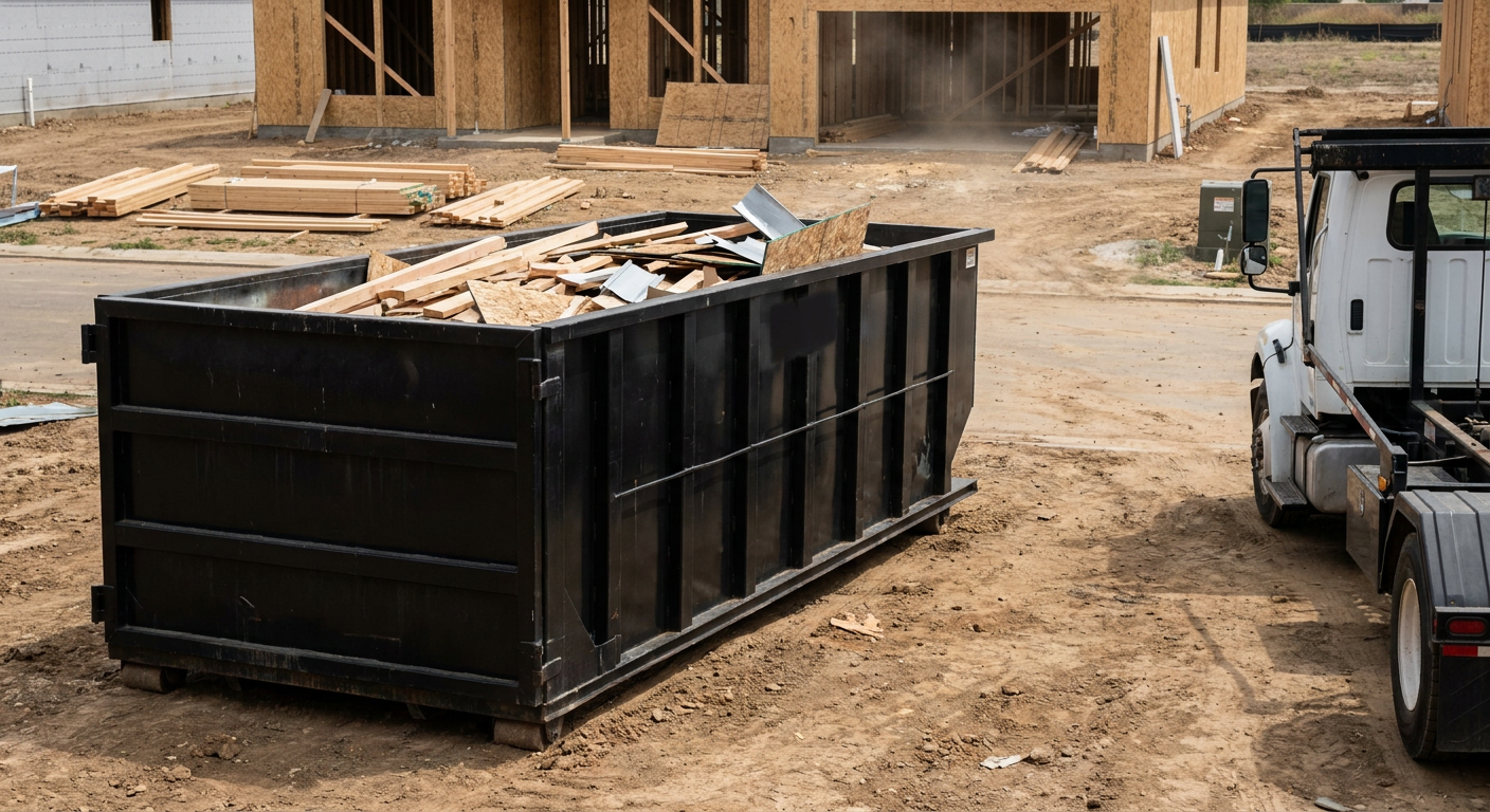 Matte-black 20-yard roll-off construction dumpster with heavy ribbed steel sidewalls and swing rear doors at a working jobsite in Cary, sitting directly on compacted dirt with an unmarked white hauler partially visible at the far edge of the frame.