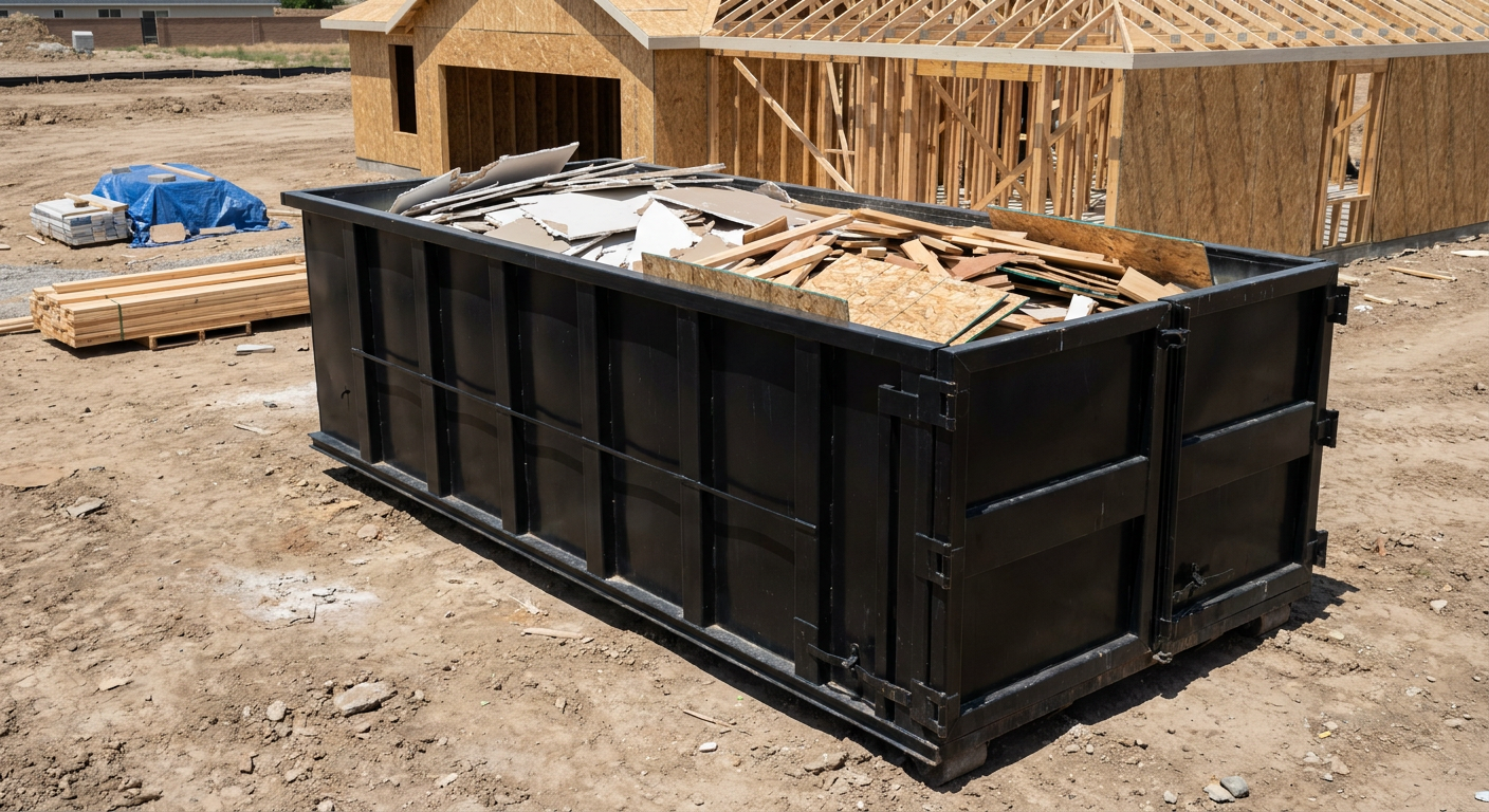 Matte-black 30-yard roll-off construction dumpster sitting directly on the compacted-dirt site of a framed single-family home build in Cary, drywall and lumber scrap loaded inside.