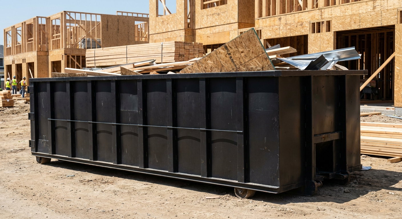 Matte-black 40-yard roll-off construction dumpster being lowered from a white-cab hooklift delivery truck onto the compacted-dirt jobsite at a commercial build site in Cary