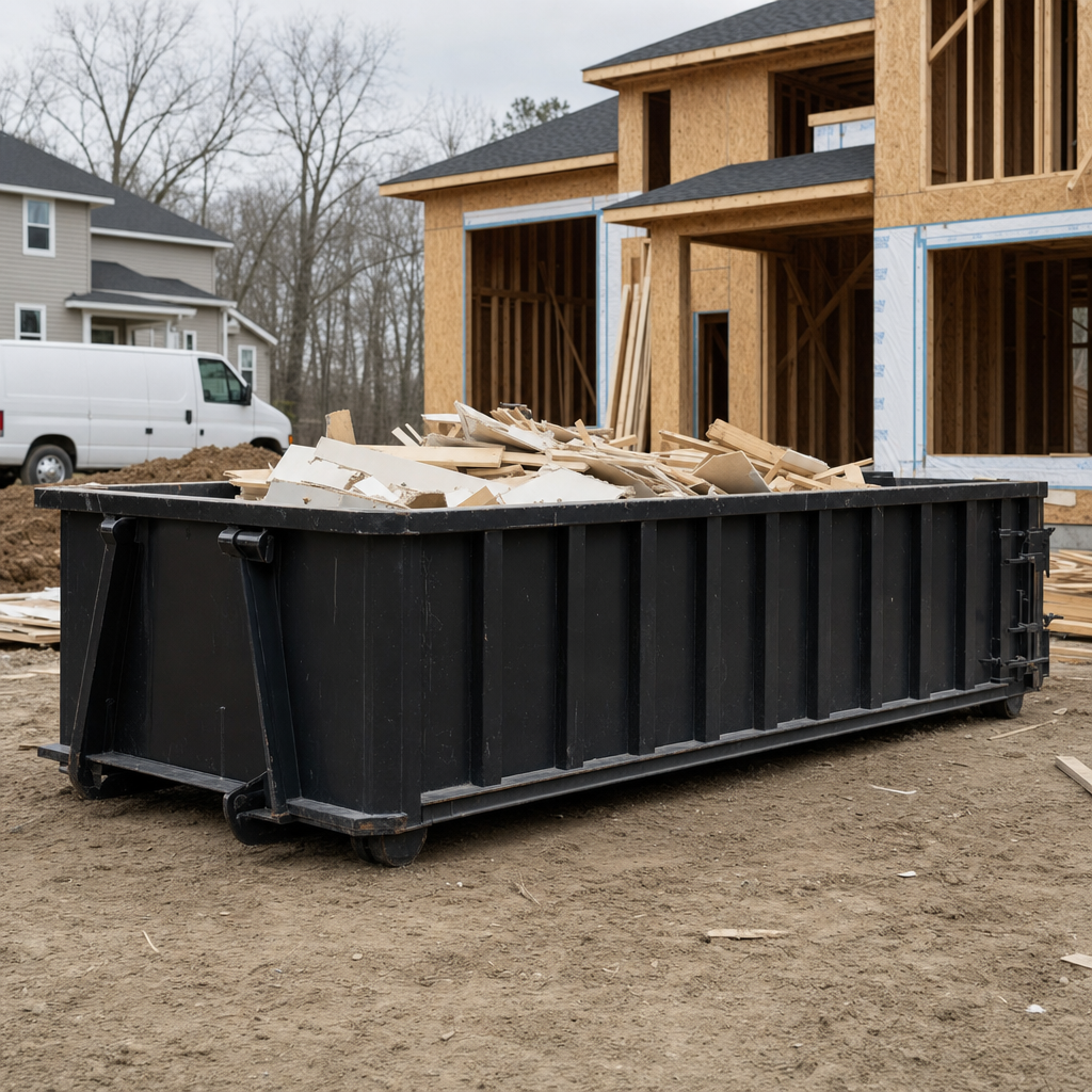 Worker in a yellow high-visibility vest tossing framing lumber and broken drywall into a matte-black 30-yard construction roll-off dumpster on an active build site in Cary, bright daylight