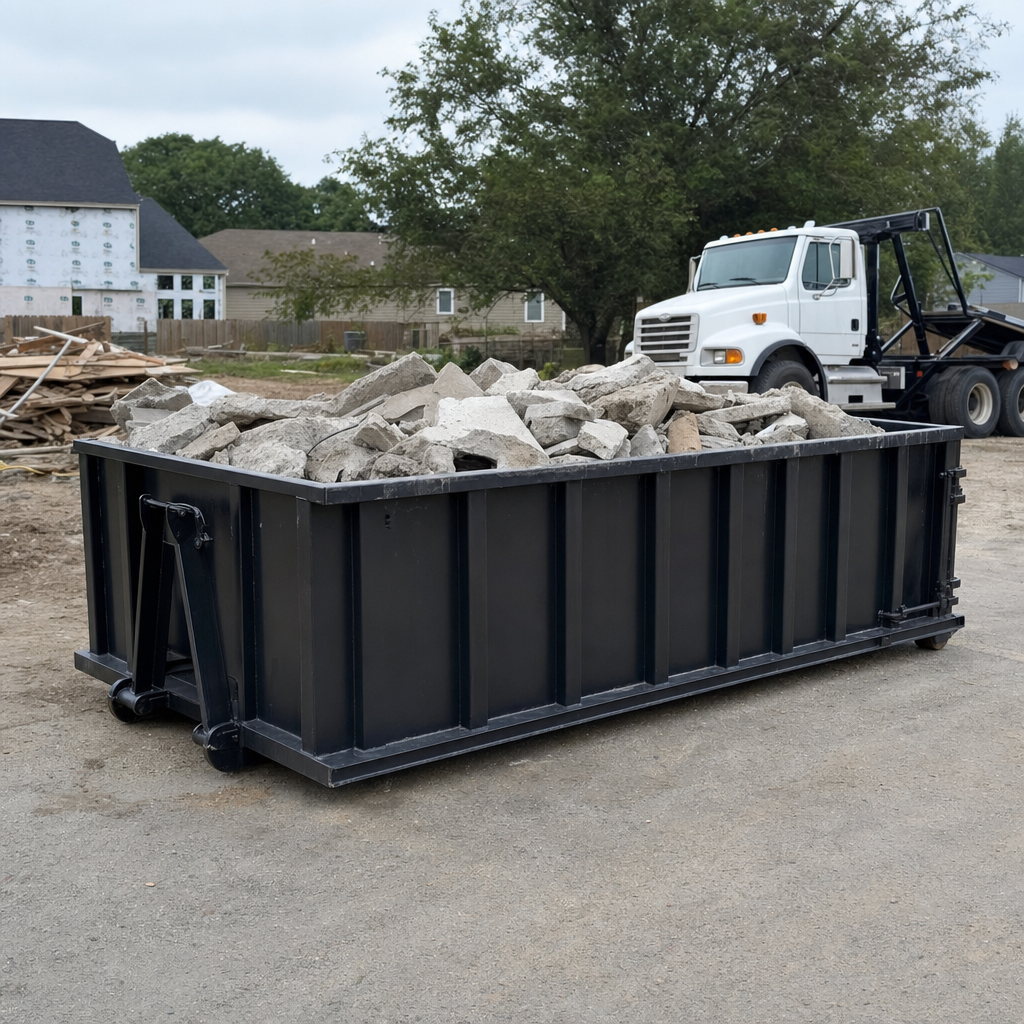 Low-profile matte-black lowboy roll-off dumpster loaded with broken concrete slab and rebar at a foundation tear-out in Cary, skid steer parked beside it, sunny Colorado morning