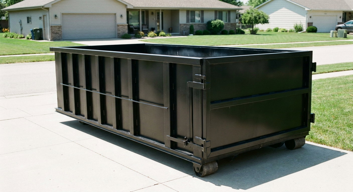 Matte-black 10-yard roll-off dumpster on a residential concrete driveway in Cary, uniformly painted matte black across every panel and rail, ribbed steel sidewalls and rear swing door visible, mid-day daylight.
