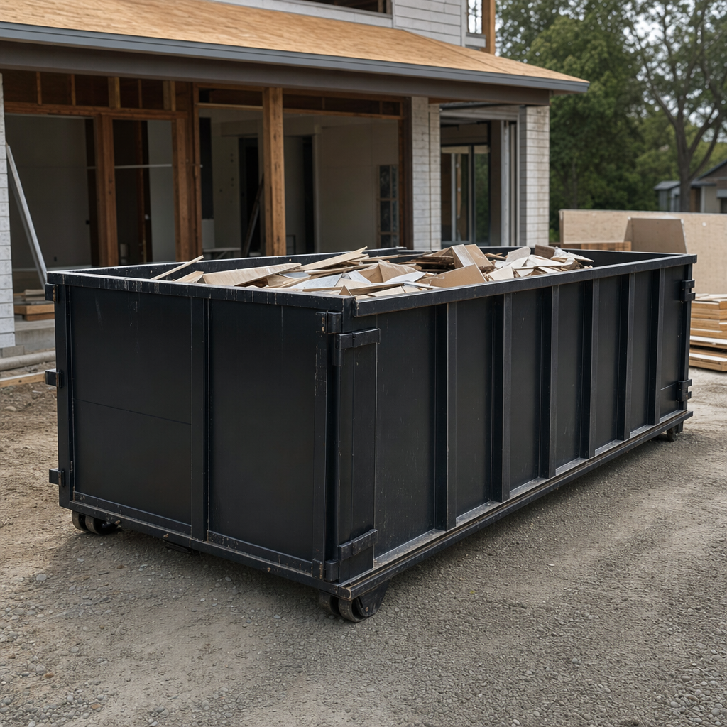 Large matte-black 30-yard construction roll-off dumpster at an active Cary jobsite, steel-gray top rails and bottom rollers visible, loaded with construction debris.