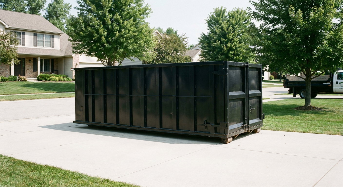 Matte-black 20-yard roll-off dumpster sitting level on a clean Cary residential concrete driveway under bright daylight, demonstrating clean placement directly on the concrete.