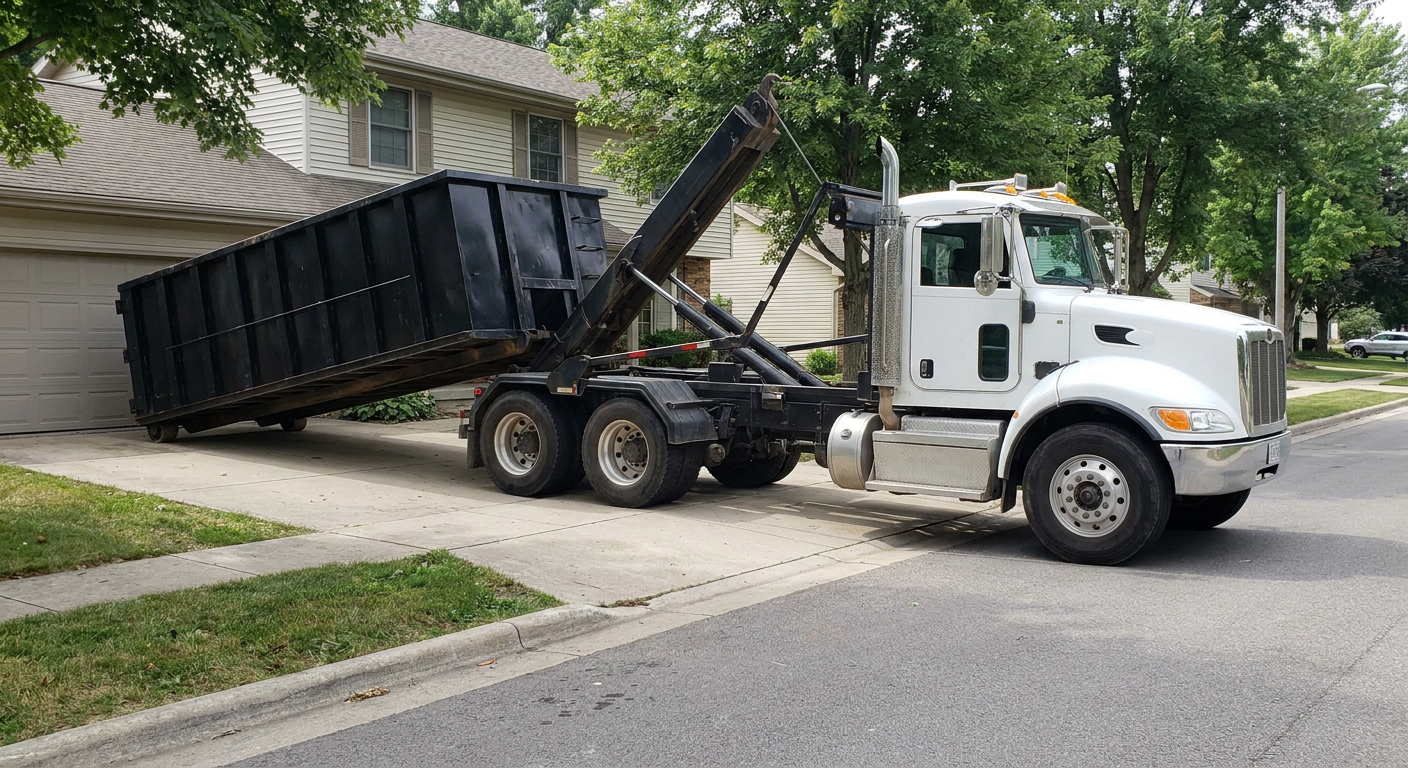 White-cab hooklift roll-off truck actively lowering a matte-black dumpster onto a Cary residential concrete driveway, the dumpster's rear wheels touching the driveway as the hoist arm tilts the bed forward, mid-morning daylight.