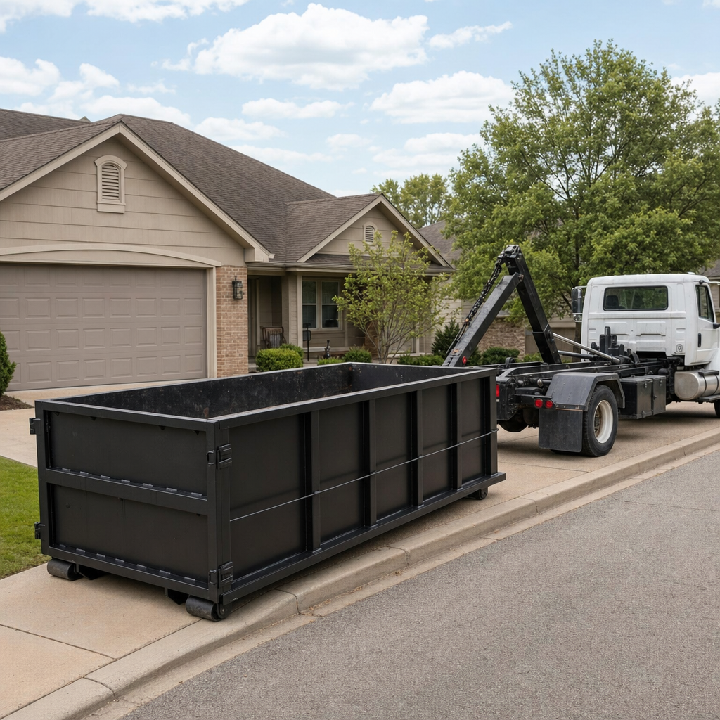 Wide documentary shot of a matte-black roll-off dumpster on a Cary residential driveway in the foreground and a contractor jobsite container in the soft-focus background, bright daylight, calm and orderly composition.