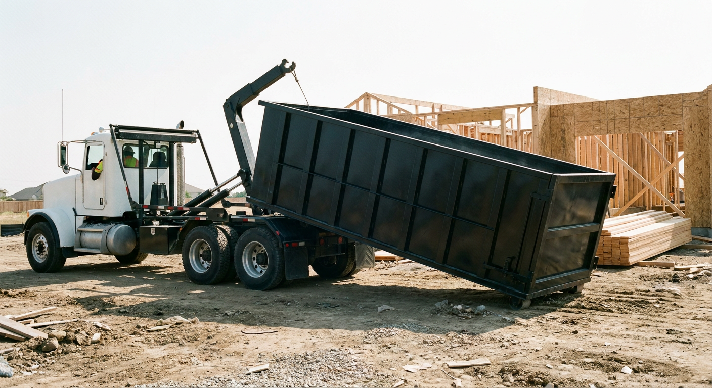 Matte-black roll-off dumpster being delivered onto a clean residential concrete driveway in Cary by an unmarked white hooklift hauler truck, bright morning daylight, documentary 35mm perspective.