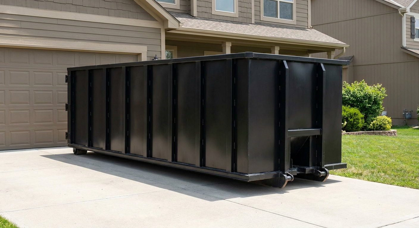 Matte-black residential roll-off dumpster sitting directly on a suburban Cary concrete driveway, garage door closed, single-family home in background, bright morning daylight.