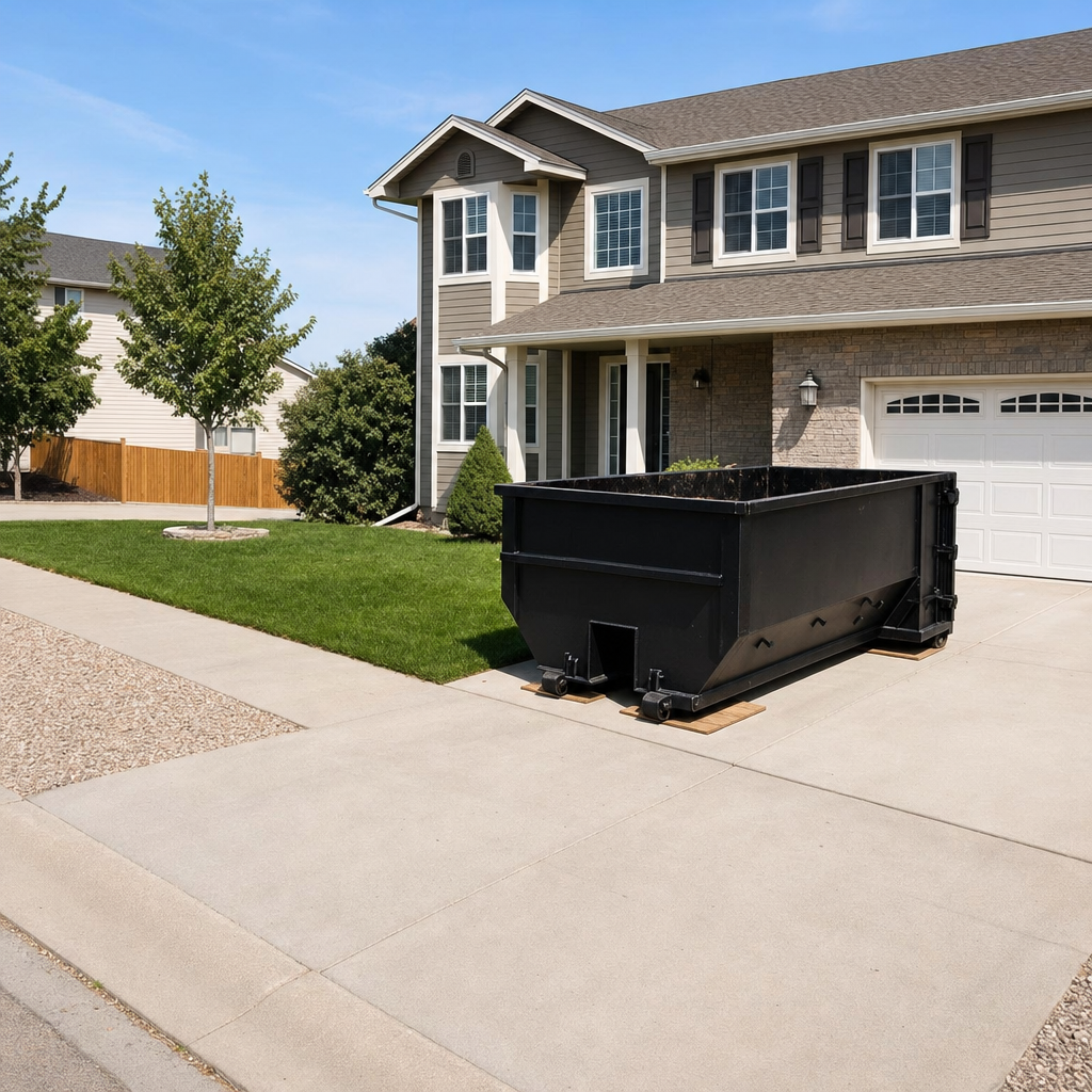 10-yard matte-black residential dumpster placed directly on a narrow Cary concrete driveway, room remains for a parked sedan beside it, mid-morning natural light