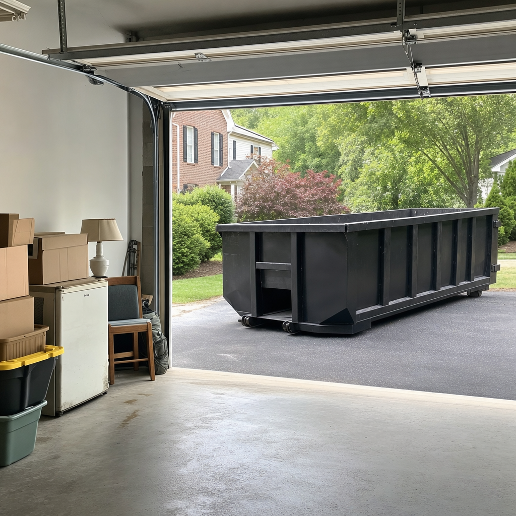 Open garage interior in a Cary home mid-cleanout — boxed items, an old appliance, and stacked yard tools queued near the driveway for a matte-black roll-off dumpster, organized and calm