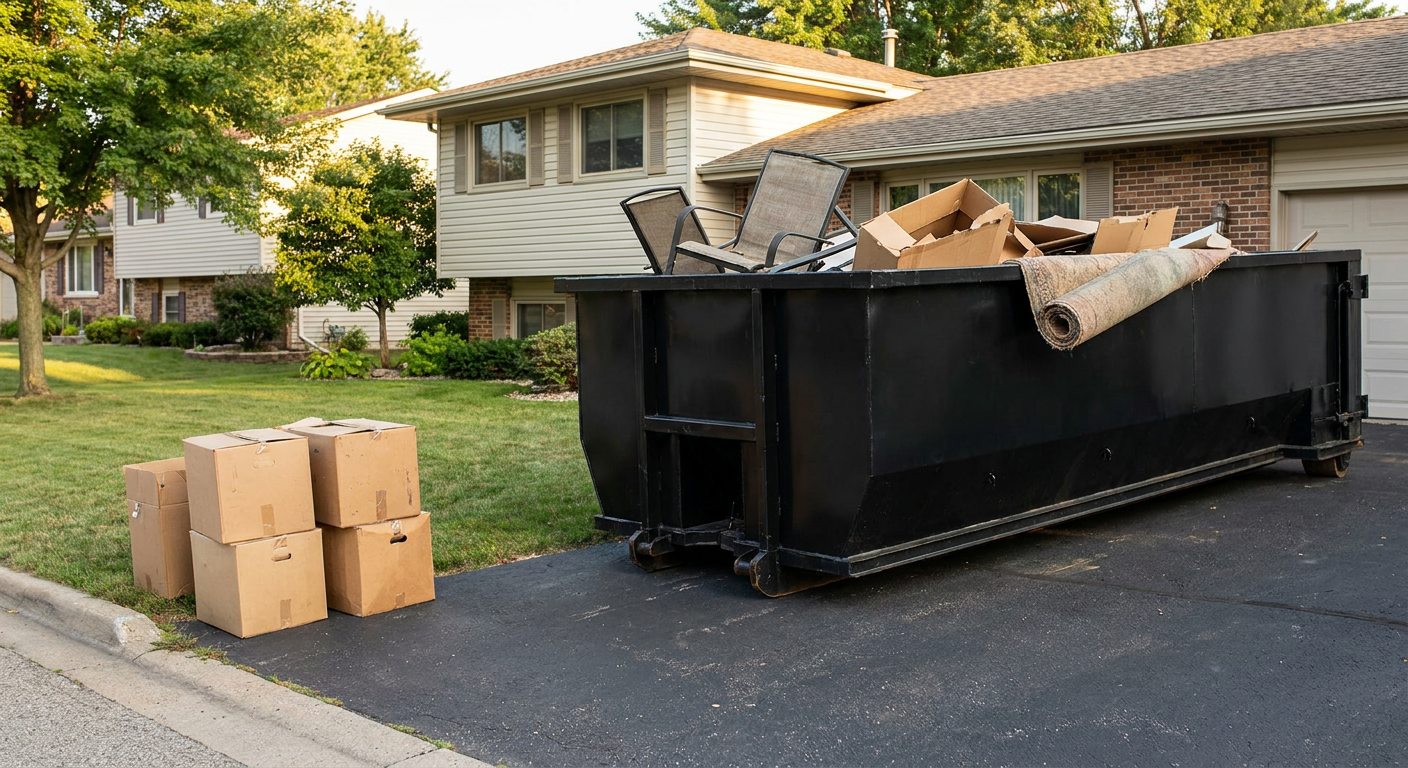 Front-yard view of a Cary split-level home with a 20-yard matte-black roll-off dumpster sitting directly on the asphalt driveway, a few clearly labeled donation boxes staged at the curb, calm sunny afternoon.