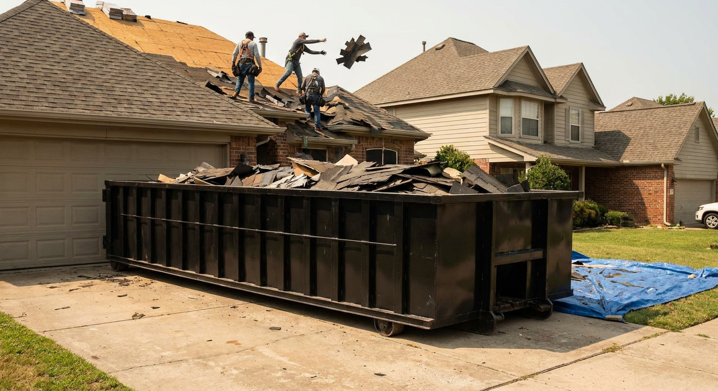 Matte-black roofing roll-off dumpster placed directly on a Cary residential concrete driveway, a tear-off crew on a two-story asphalt-shingle roof tossing shingle bundles into the low-walled container, bright daylight, documentary 35mm perspective.