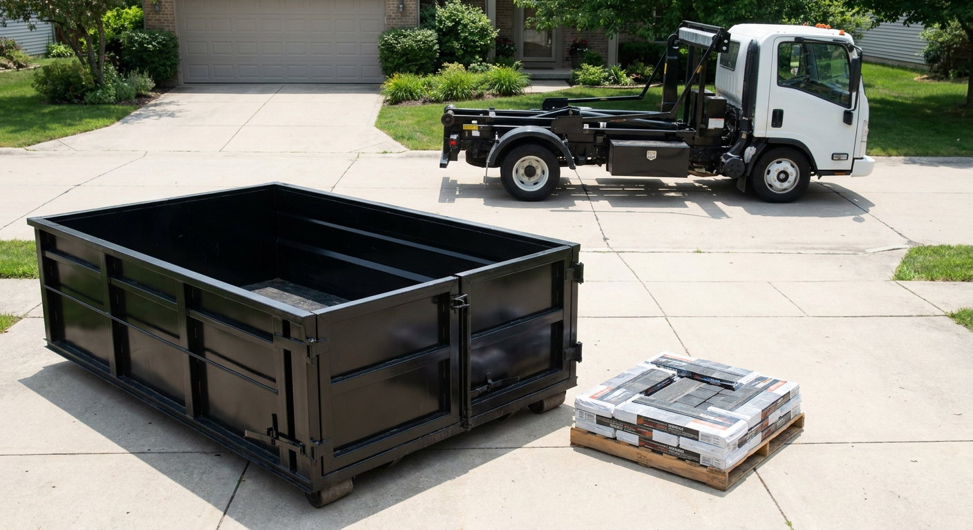 Matte-black 15-yard roofing roll-off dumpster with reinforced low side walls sitting directly on a Cary residential concrete driveway, three-tab asphalt shingle bundles stacked nearby, an unmarked white hauler truck partially visible at the edge of the frame.