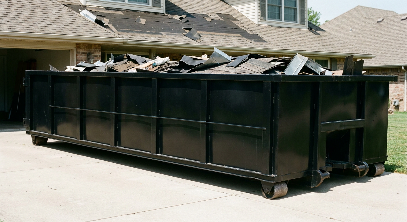 Matte-black 20-yard roofing roll-off dumpster with steel ribbed sides and swinging rear door, sitting directly on the concrete driveway of a two-story Cary home, asphalt shingle debris being loaded over the low wall, clean documentary lighting.