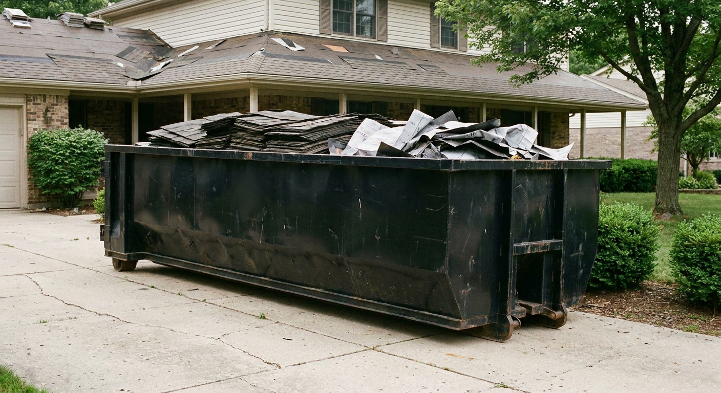 Matte-black 30-yard roofing roll-off dumpster sitting directly on a Cary concrete driveway, taller ribbed steel side panels, mixed tear-off debris of asphalt shingles and underlayment inside, professional documentary daylight.