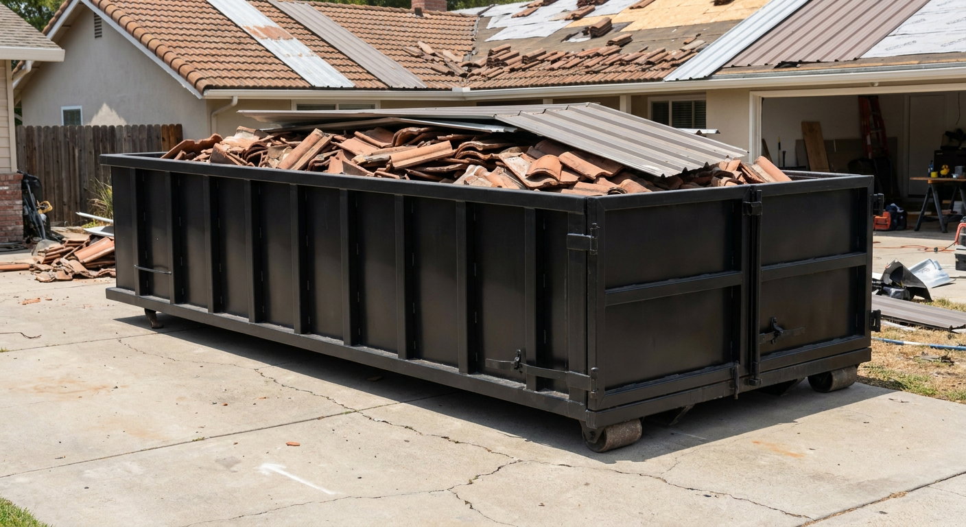 Matte-black low-wall heavy-debris roofing roll-off dumpster sitting directly on a Cary concrete driveway, broken concrete clay roof tiles and metal panel sections loaded inside, reinforced ribbed steel side walls visible, bright outdoor daylight.