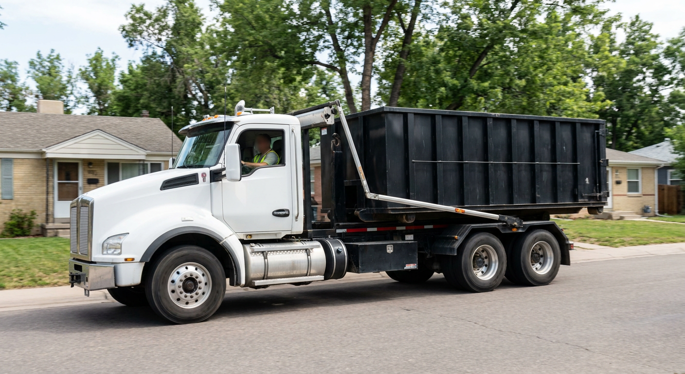 A wide documentary shot of a matte-black roll-off delivery truck pulling onto a quiet Cary residential street at mid-morning, with neighborhood rooftops and tree-lined blocks visible behind, showing the metro coverage footprint.