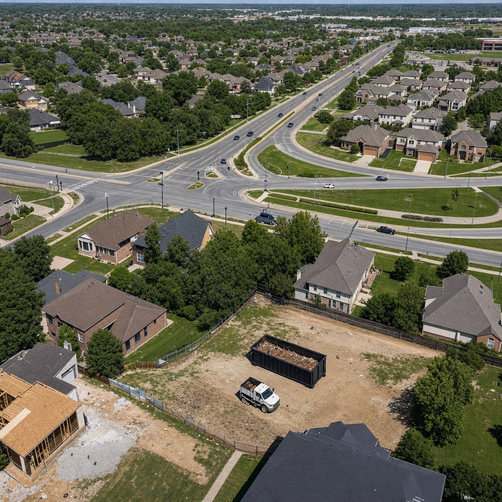 An overhead documentary view of the Cary metro area at midday, showing the spread of neighborhoods, arterial roads, and the dispatch radius from a central yard — clean daylight, organized geographic layout.