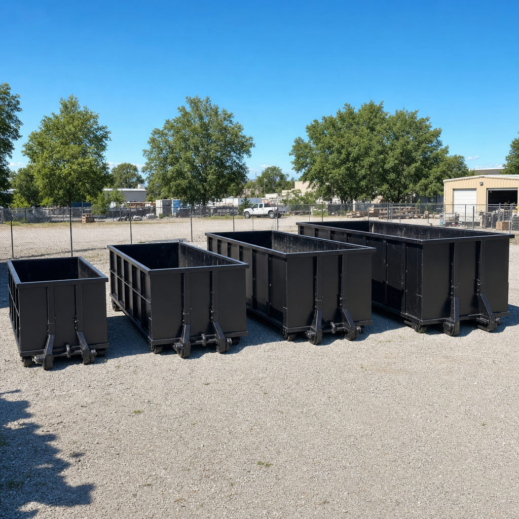A clean lineup of matte-black roll-off dumpsters in 10, 20, 30, and 40-yard sizes staged on a sunlit gravel yard in Cary, showing the size progression from compact to commercial-scale containers.