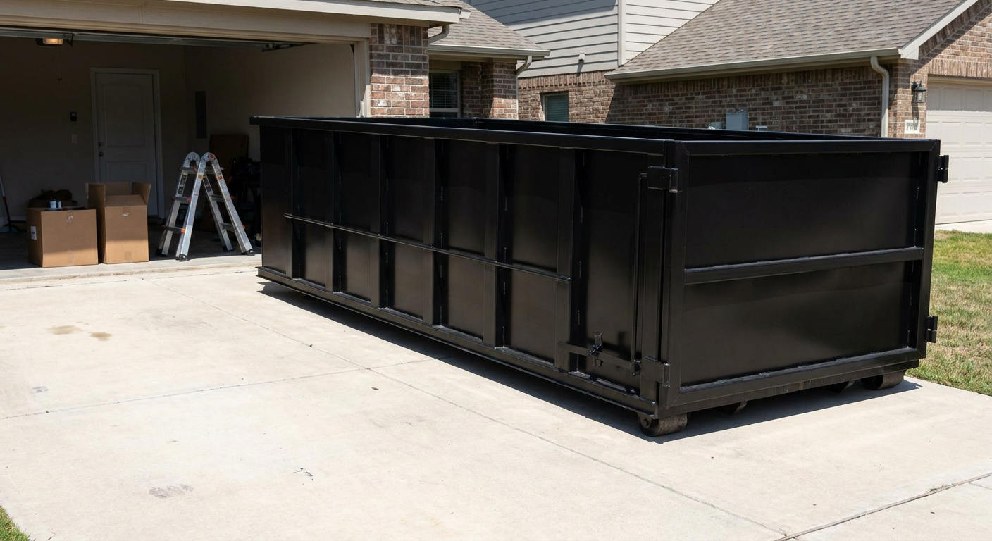 A matte-black 10-yard roll-off dumpster sitting directly on a residential Cary concrete driveway, mid-day sunlight, clean and ready for a garage cleanout.