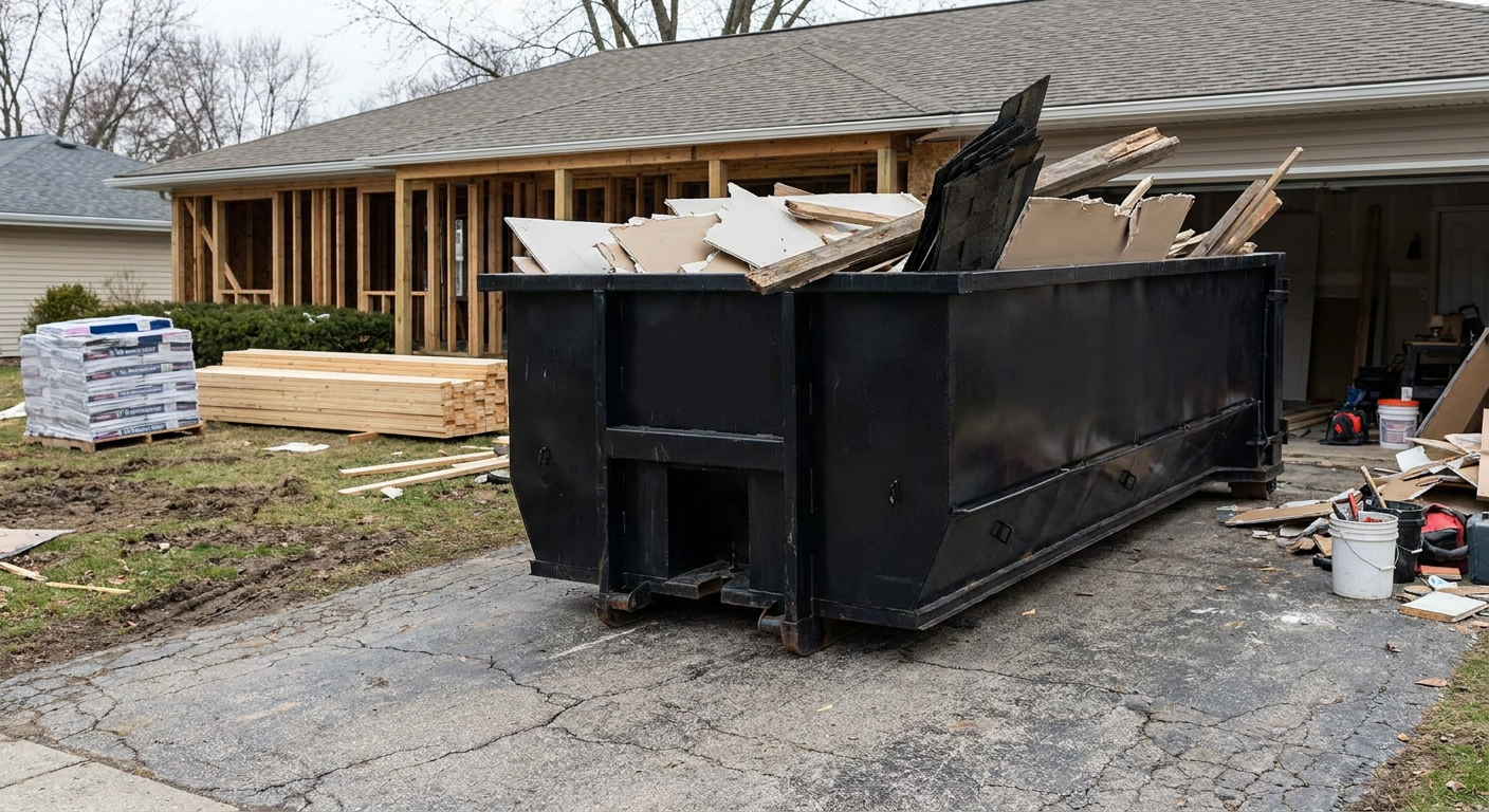 A matte-black 20-yard roll-off dumpster placed alongside a mid-renovation Cary home directly on the asphalt driveway, with framing materials and torn-off shingles staged neatly nearby.
