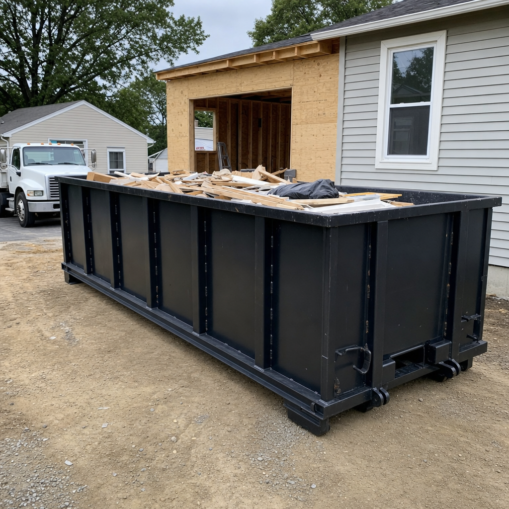 A matte-black 30-yard roll-off dumpster positioned at a Cary residential addition jobsite, with framing lumber and drywall scraps loaded through the open swinging rear doors.