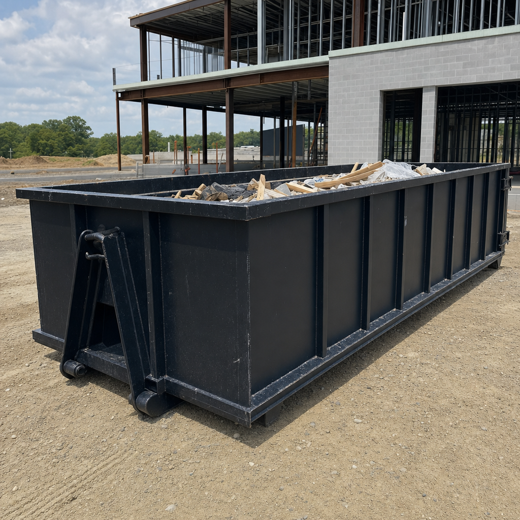 A matte-black 40-yard roll-off dumpster staged on a large Cary commercial construction lot, with a hooklift delivery truck parked alongside under bright midday sky.