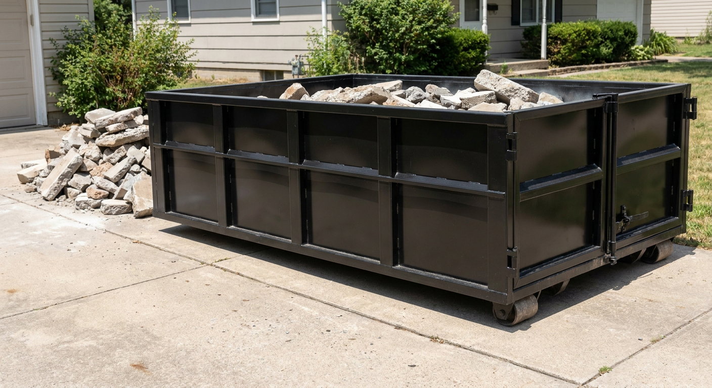 A matte-black low-side heavy-debris roll-off dumpster placed directly on a Cary concrete driveway, with broken concrete chunks neatly stacked beside it under clean daylight.